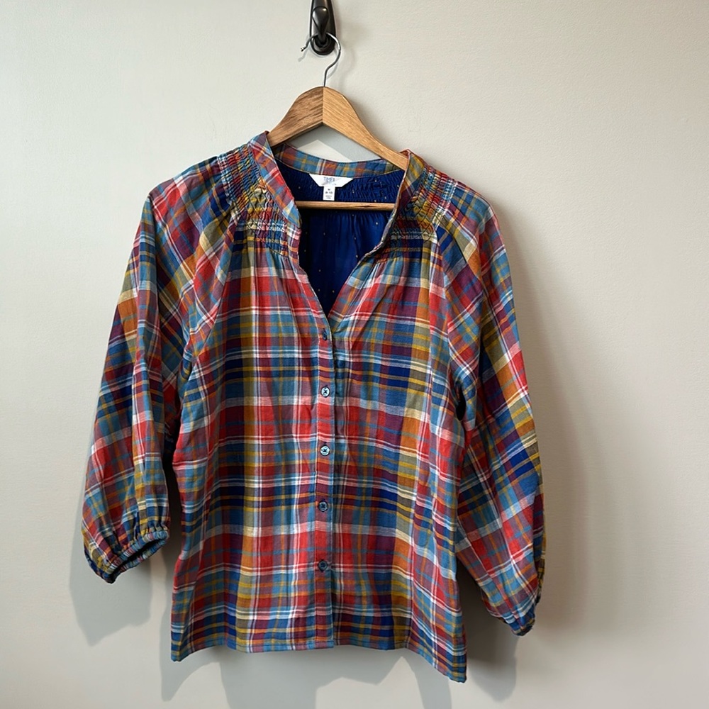 Time and Tru Plaid Button Down Balloon Sleeve V Neck Shirt M (8-10)